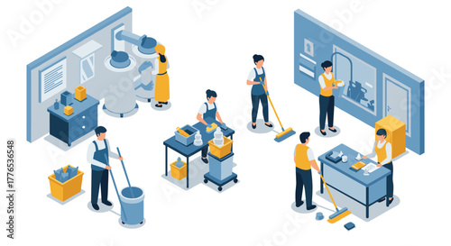 Isometric office cleaning crew in action teamwork and efficiency in a modern workplace