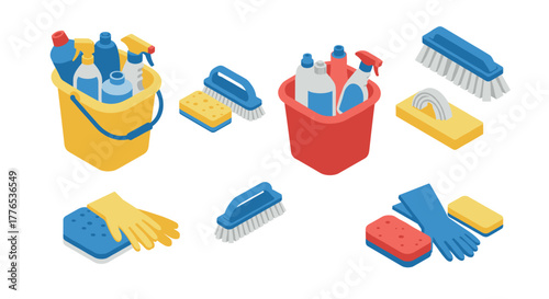 Colorful cleaning supplies collection in isometric style for home and office maintenance