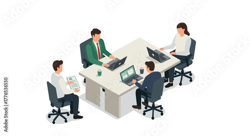 Isometric office meeting with colleagues working on laptops around table