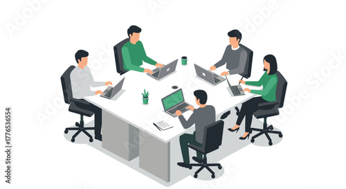 Collaborative office meeting with team working on laptops in isometric style