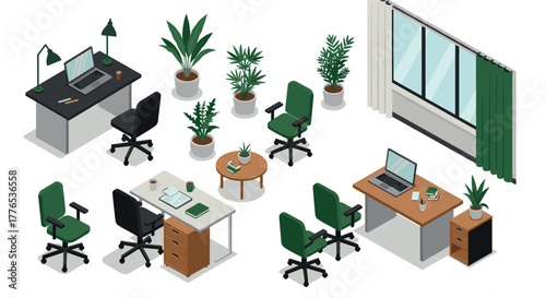 Modern office isometric design with desks and greenery in interior workspace