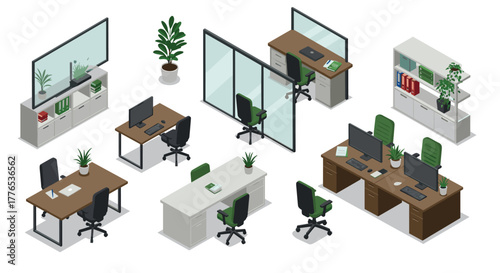 Modern isometric office furniture with desks, chairs, and partitions in workspace setting