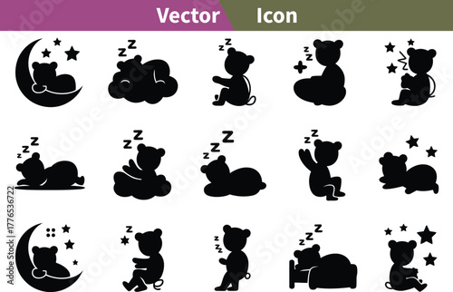 Collection of sleeping bear icons Keywords: bear, sleeping, icon, silhouette, cute, animal