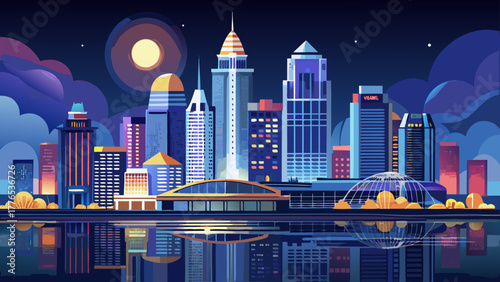 Very beautiful night skyline view of Louisville, Kentucky, USA, showcasing illuminated skyscrapers and reflections shimmering over the calm Ohio River, symbolizing the city’s urban charm and elegance.