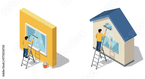 Isometric window cleaning scene with worker on ladder