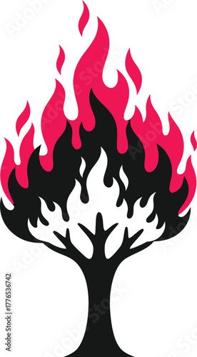 Stylized burning tree icon with vibrant red and black flames against a clean white background