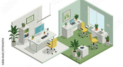 Modern office workspace with green elements and indoor plants in isometric style