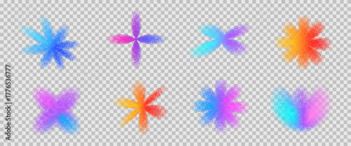 Y2K noise flowers gradient icon figures. Grain neon color gradation floral dot airbrush spray shapes. Daisy blue and purple transition shapes. Vector retro futurism figures isolated transparent bg.