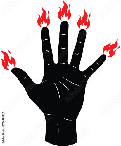 Stylized black human hand silhouette with vivid red flames igniting each fingertip, symbolizing power.
