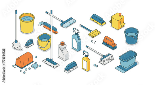 Cleaning equipment in colorful isometric design with various household tools