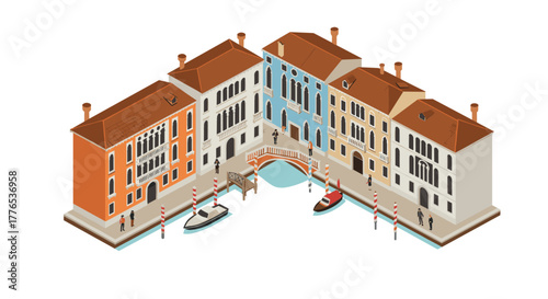Isometric venice streetscape with historical buildings and canal scene