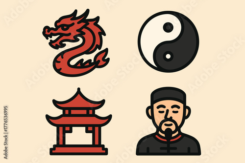 Chinese Symbols Set – Dragon, Yin Yang, Pagoda, and Traditional Man Icon