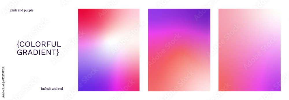 Naklejka premium Colorful gradient backgrounds. Purple, pink, red vibrant gradation with light leak vertical template set. Vector pink violet backdrop with light spark. Fashion wallpaper design. Glamour bright poster.