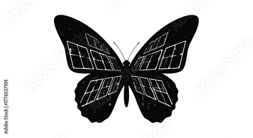 Abstract butterfly with digital window pattern wings symbolizes transformation and technology.