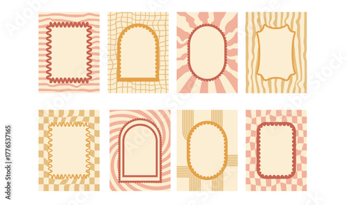 Funky scallop text boxes frames set. Wavy groovy arch, rectangle borders isolated on checkered and uneven rainbow lines background. Wobbly y2k decorative callouts on starburst vector retro blank.