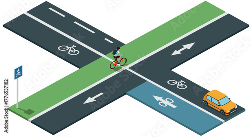 Isometric bicycle and car intersection design with cycling lanes