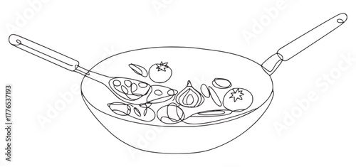 Minimalist line drawing wok cooking vegetables tomato