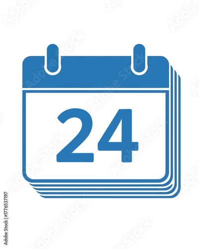 Simple blue calendar icon with the number 24. Flat vector illustration representing a specific day, date, schedule, appointment, or event reminder