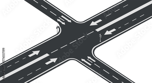 Complex urban intersection with road traffic elements in isometric style