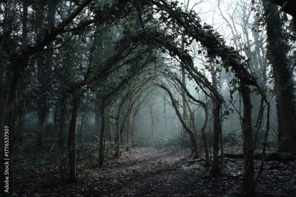 Naklejka premium Mysterious Forest Path - A Dark and Eerie Landscape.