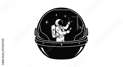 Astronaut explores futuristic technology inside a sleek space helmet.