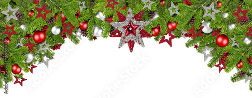 Weihnachten bunt farbenfroh bordüre mit Tannenzweigen und rot silber Weihnachtsschmuck panorama format  © stockphoto-graf