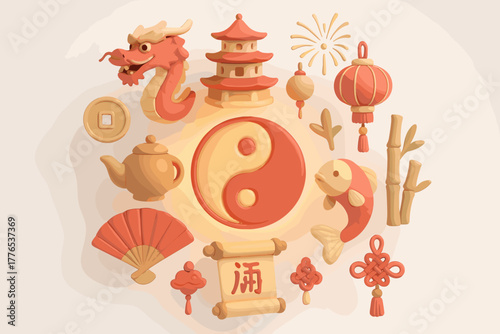 3D Chinese Culture Icons – Yin Yang, Dragon, Pagoda and Lanterns