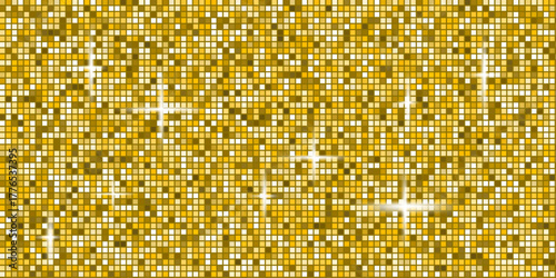 Disco ball mosaic background with gold mirror glitter texture. Shiny yellow tones sequin pattern. Festive fashion decoration. Glam sparkle Christmas wall. Vector illustration.