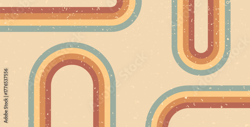 Retro rainbow lines path background. Horizontal banner with arch boho stripes abstract pattern. Vector vintage curved underline geometric backdrop. Dynamic curved playful wallpaper.