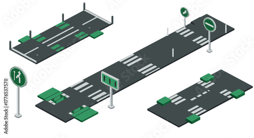 Urban road isometric set with traffic signs and markings for city planning