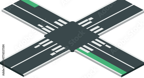 Isometric urban intersection with road markings and green spaces