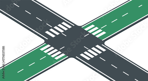 Urban road crosswalk with pedestrian paths and traffic lanes