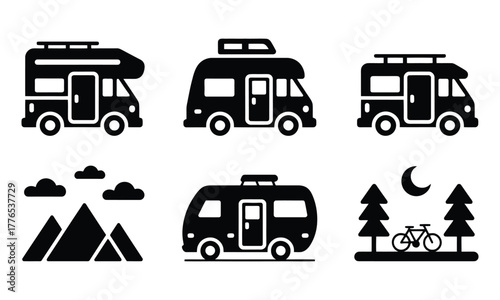 Van life and camping vector icons set