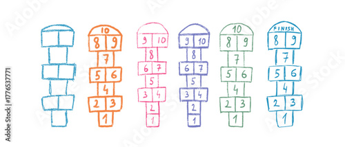 Hopscotch playground games chalk drawn set. Hop scotch play drawing on asphalt isolated on transparent background. Children outdoor entertainment. Vector colorful crayon handwritten illustration.