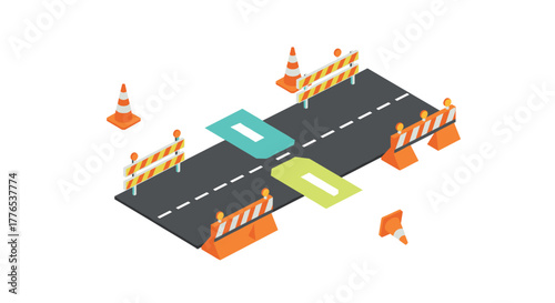 Isometric roadblock with traffic cones and barricades