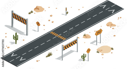 Isometric desert road with traffic signs and cacti