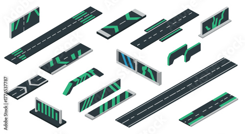 Isometric urban road set with highway and city traffic elements