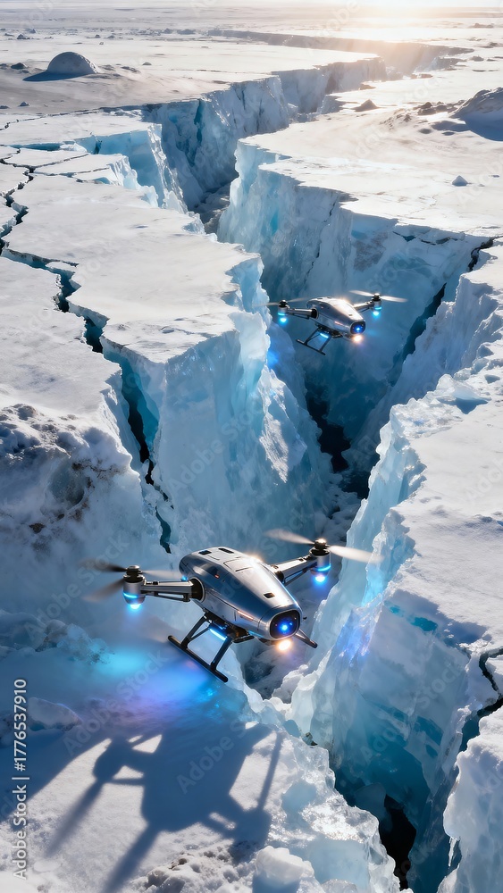Obraz premium Futuristic drones with blue lights hover over a deep ice crevasse, long shadows on snowy foreground, vast plateau and low sun behind, high-tech arctic exploration concept