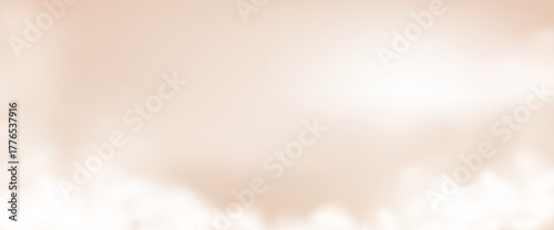 Rose gold beige clouds studio background. Heaven pastel sky gradient template. Soft glossy surface for beauty products presentation. Pastel caramel color clouds on floor. Vector illustration.