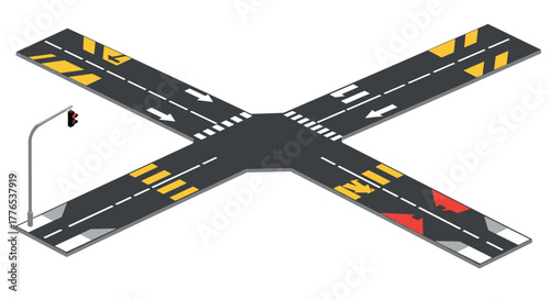Isometric road intersection with traffic lights and markings