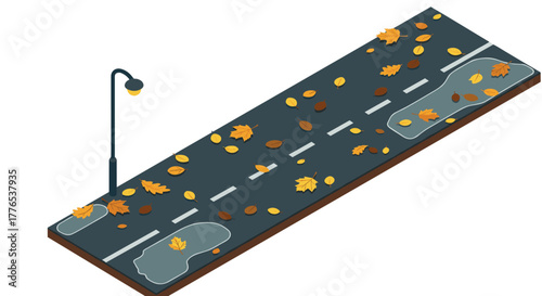 Isometric autumn street scene with wet sidewalk and fallen leaves