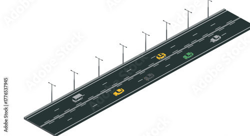 Isometric urban highway with cars and street lamps on white background
