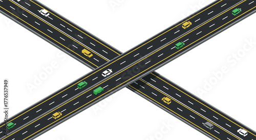 Isometric highway crossroads with colorful cars on urban overpass