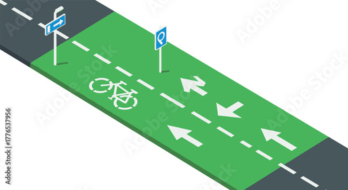 Isometric bike lane with parking and road signs
