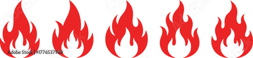 Red fire flame icon vector set, simple graphic design elements for heat warning, danger, and energy.