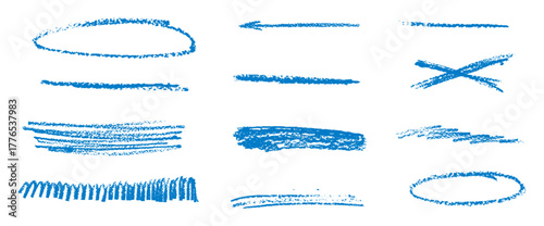 Blue underline crayons elements. Line graphite pencil brush stroke textured. Chalk or charcoal strikethrough marks set. Hand pen drawn highlight and emphasis. Vector scribble dividers on transparent.