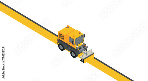 Isometric construction vehicle on road stripe with vibrant yellow design