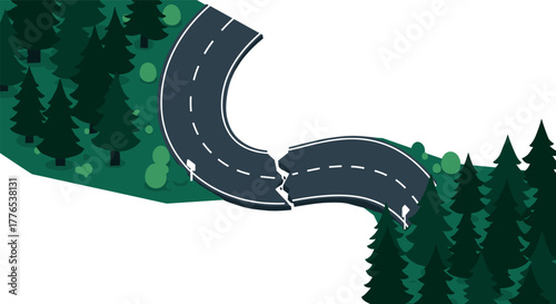 Isometric broken road illustration with forest background