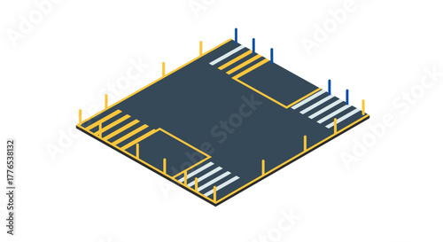 Isometric construction site base with grid patterns and pillars