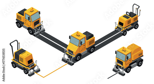 Isometric construction vehicles with paver machines in modern design